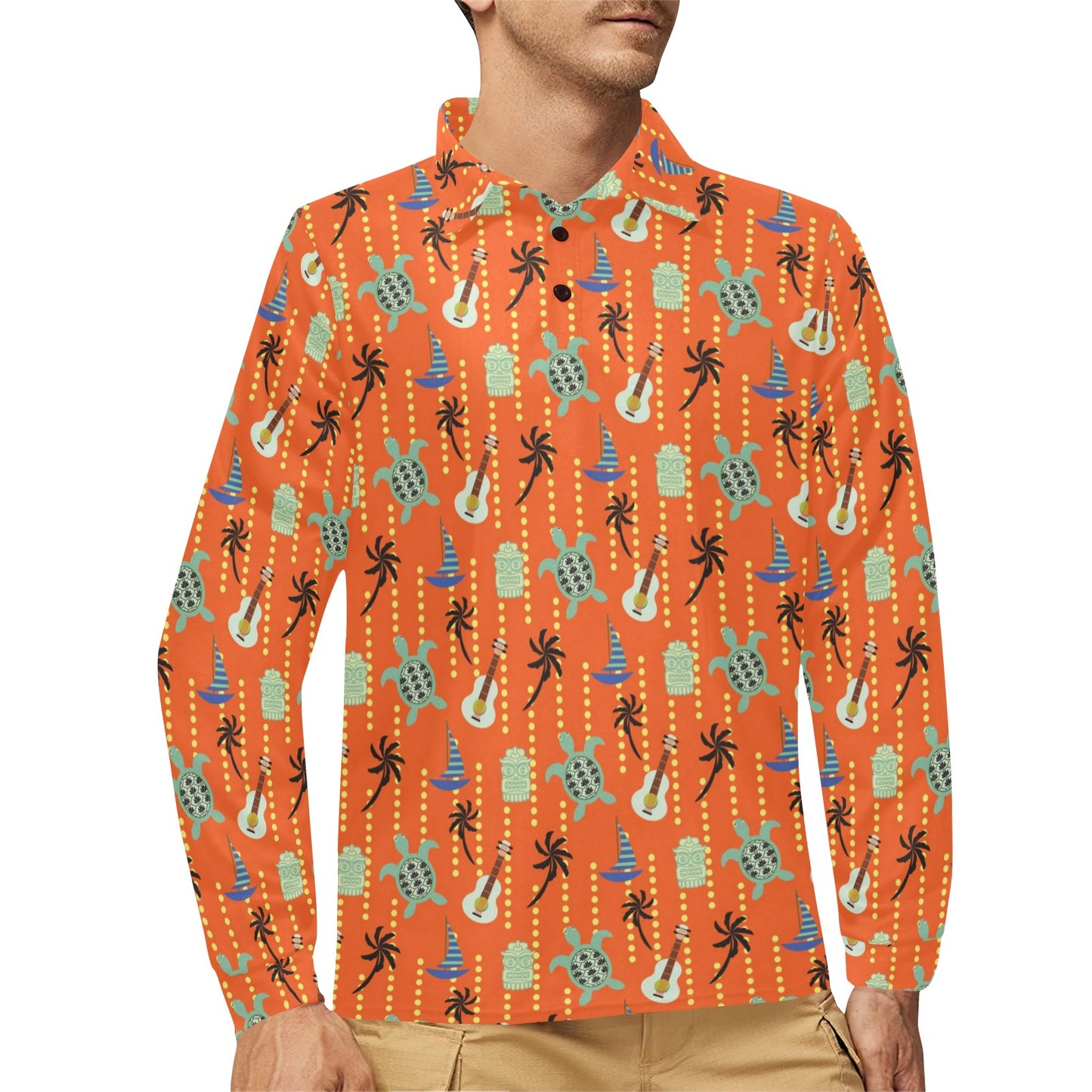 Ukulele Print Design LKS402 Long Sleeve Polo Shirt For Men's