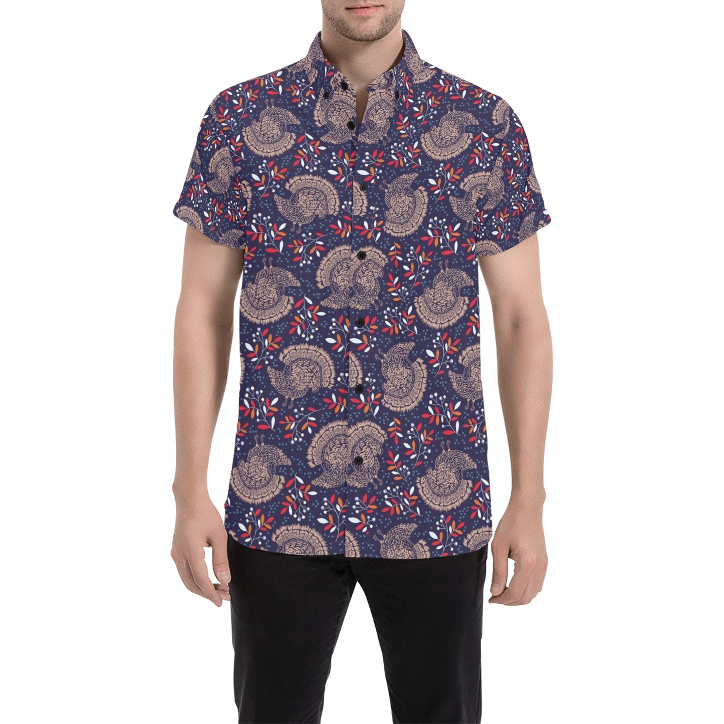 Turkey Print Design LKS401 Men Short Sleeve Button Up Shirt