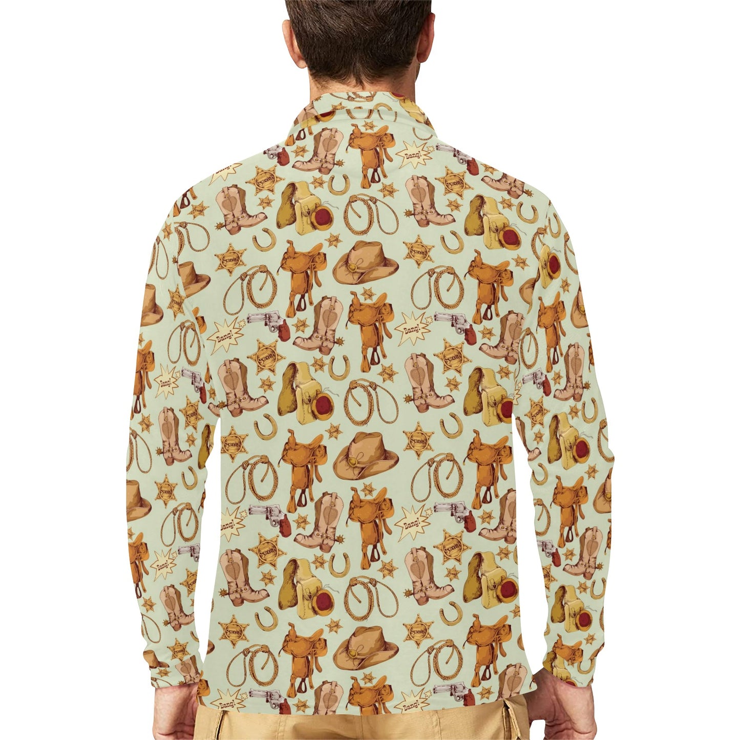 Western Cowboy Design Pattern Long Sleeve Polo Shirt For Men's