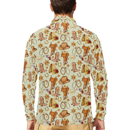 Western Cowboy Design Pattern Long Sleeve Polo Shirt For Men's