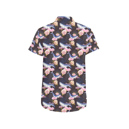 Blue Whale Print Design LKS401 Men Short Sleeve Button Up Shirt