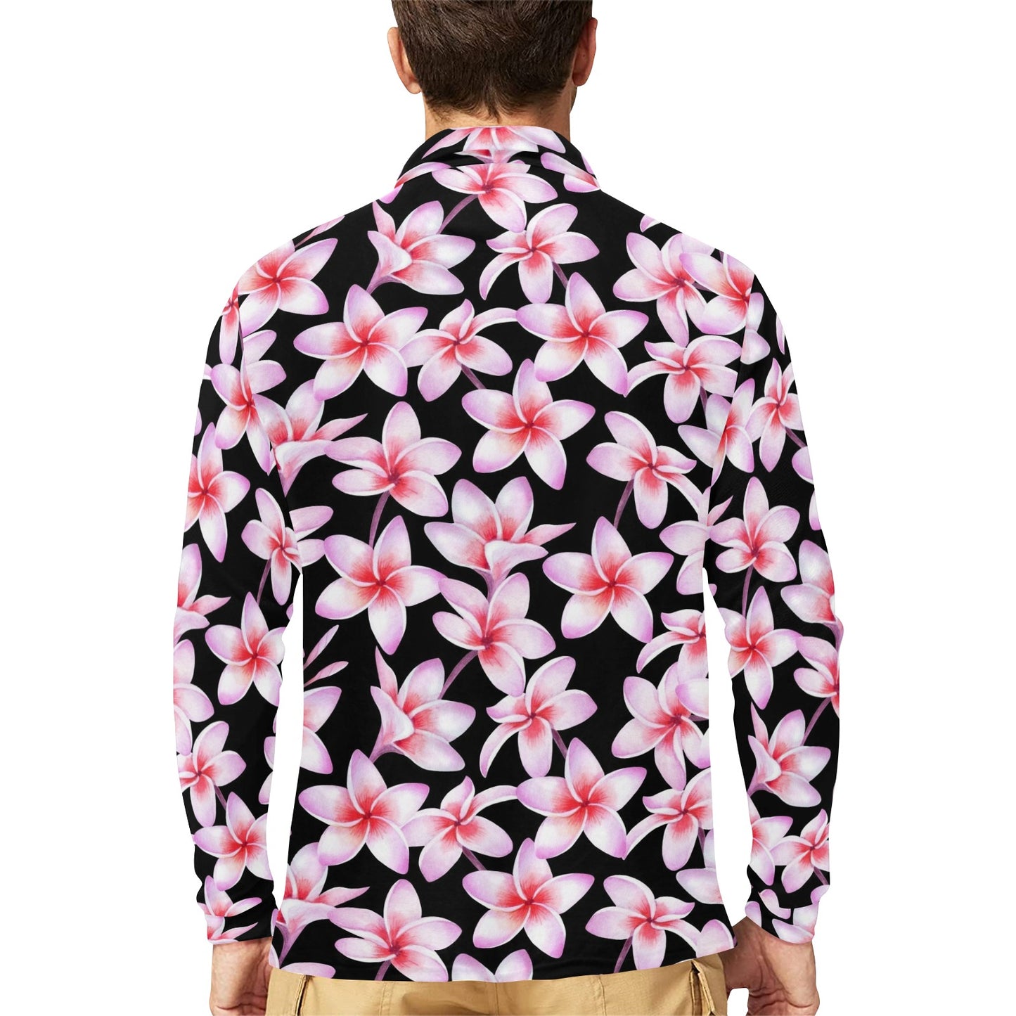 Pink Plumeria Pattern Print Design PM09 Long Sleeve Polo Shirt For Men's