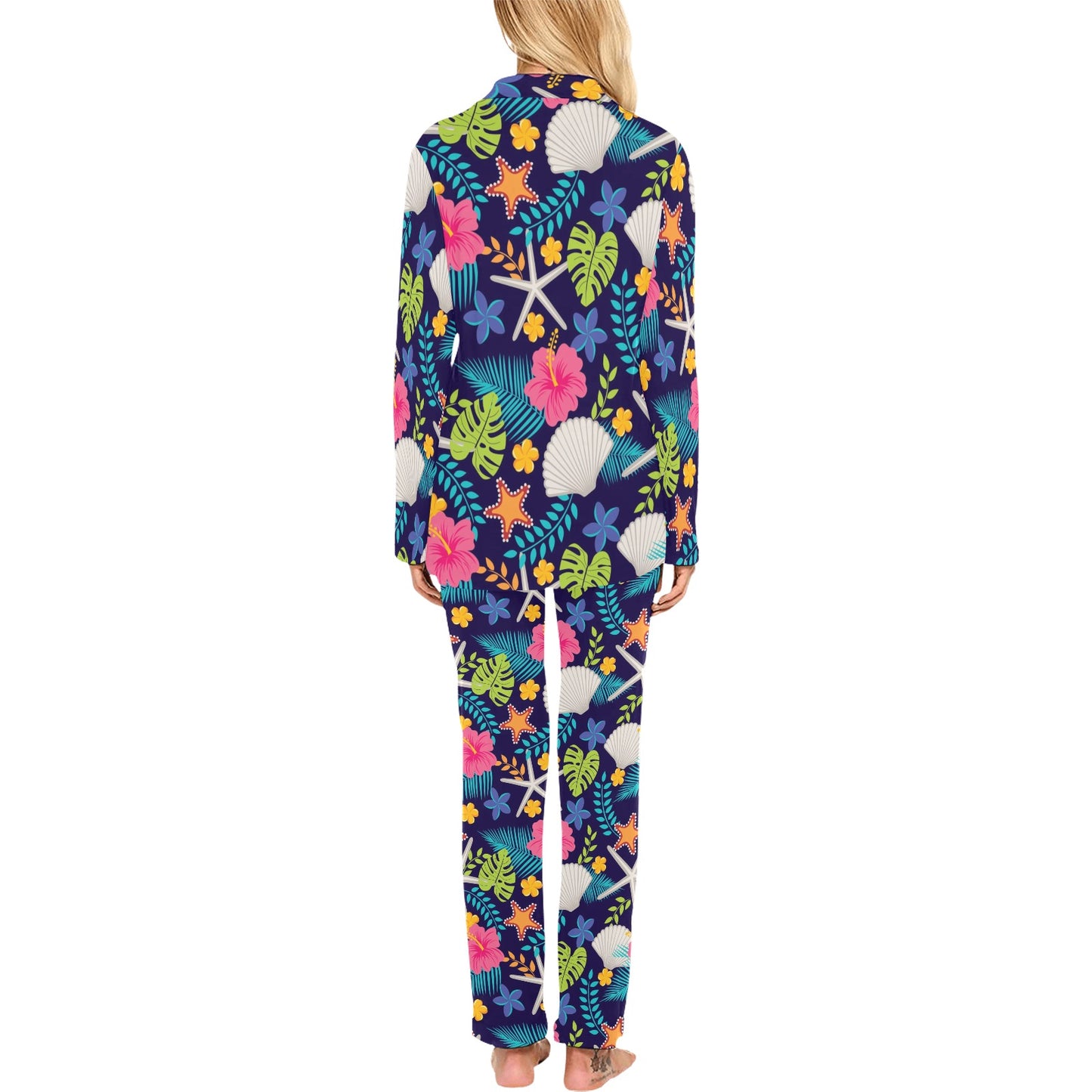 Beach Seashell Floral Theme Women's Long Pajama Set