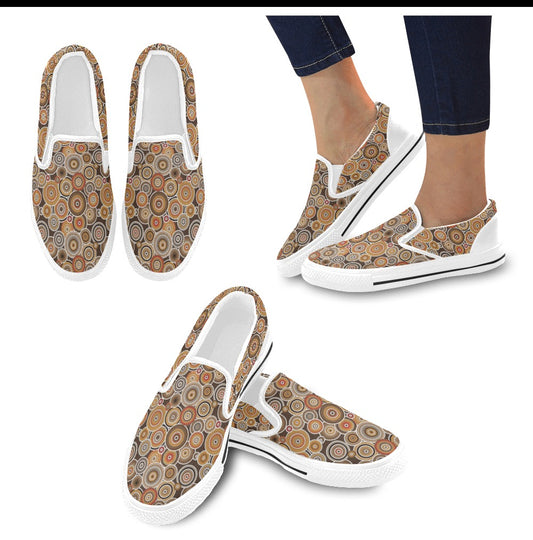 Aboriginal Print Design LKS402 White Slip Ons Canvas Women's Shoes