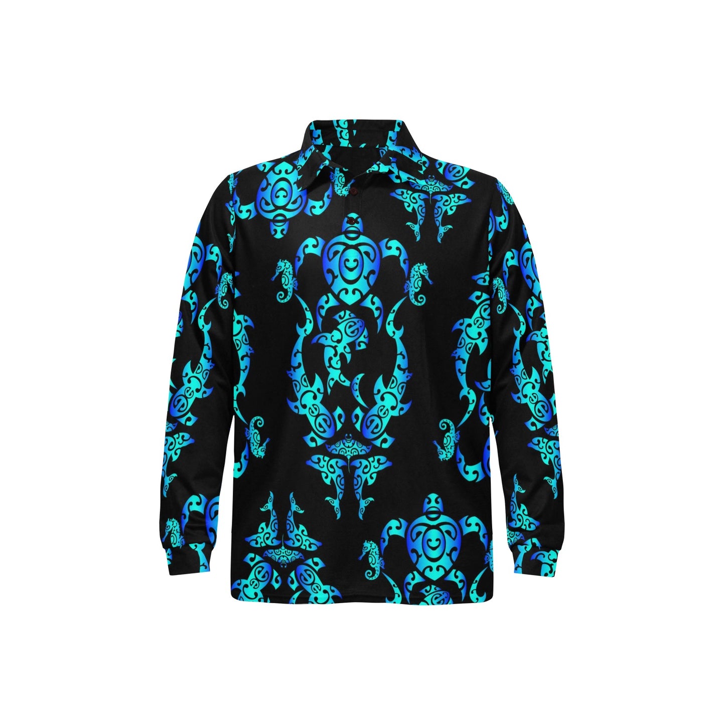 Sea turtle Polynesian Tribal Hawaiian Long Sleeve Polo Shirt For Men's