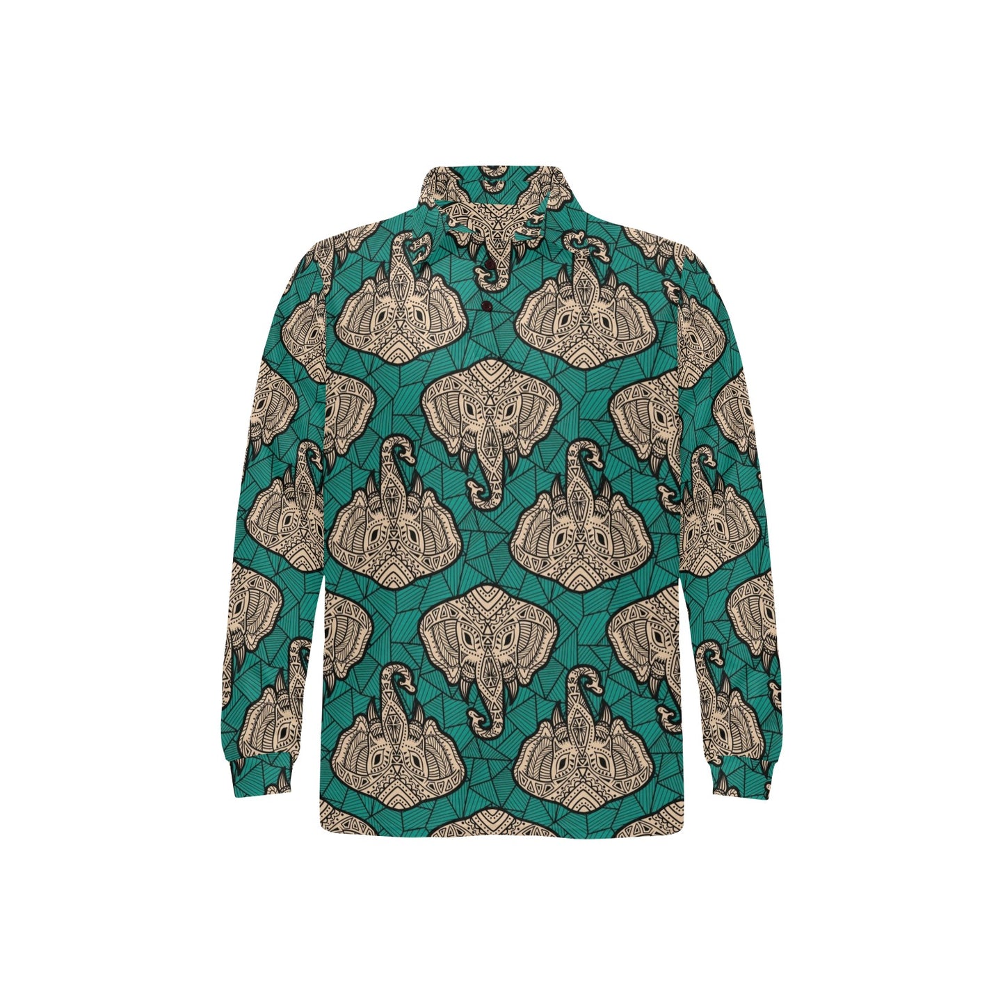 Boho Head Elephant Long Sleeve Polo Shirt For Men's