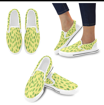 Spinach Print Design LKS302 White Slip Ons Canvas Women's Shoes