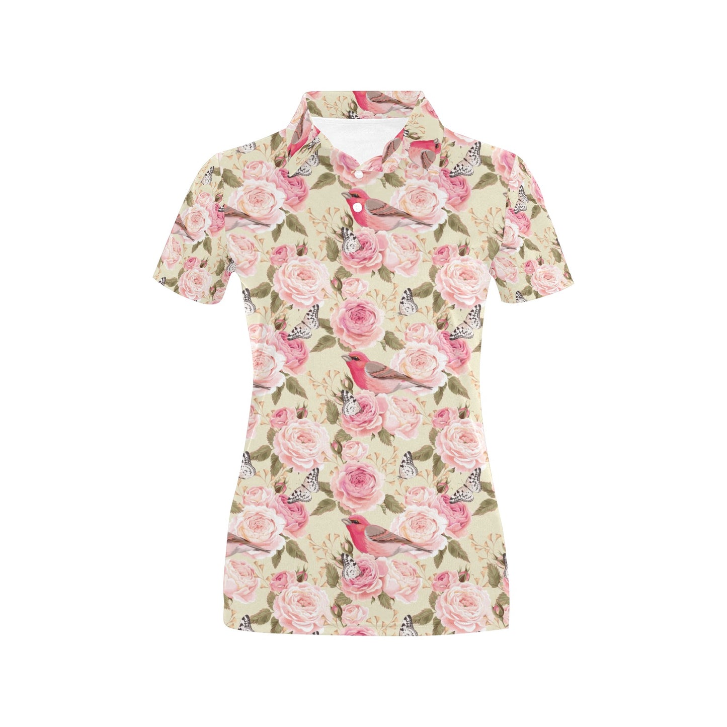Bird Butterfly Pink Flower Print Pattern Women's Polo Shirt
