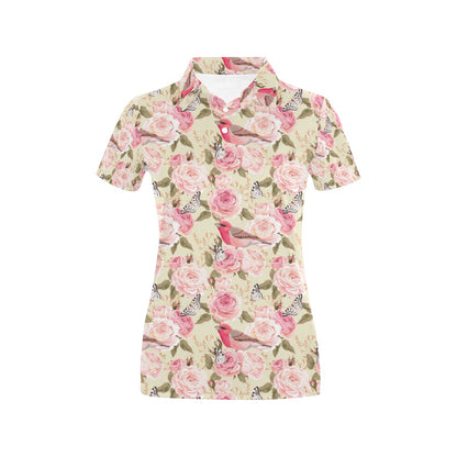 Bird Butterfly Pink Flower Print Pattern Women's Polo Shirt
