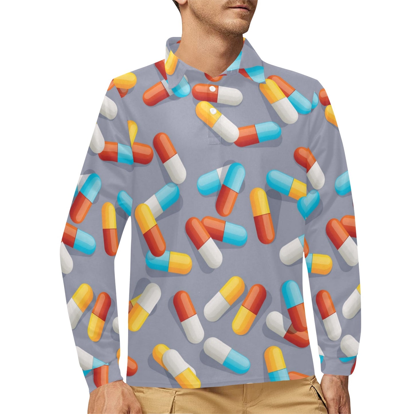 Pill Pattern Print Design A01 Long Sleeve Polo Shirt For Men's