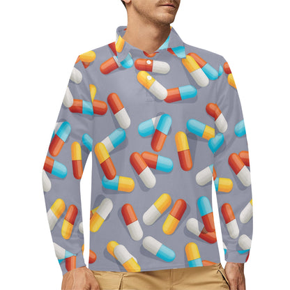 Pill Pattern Print Design A01 Long Sleeve Polo Shirt For Men's