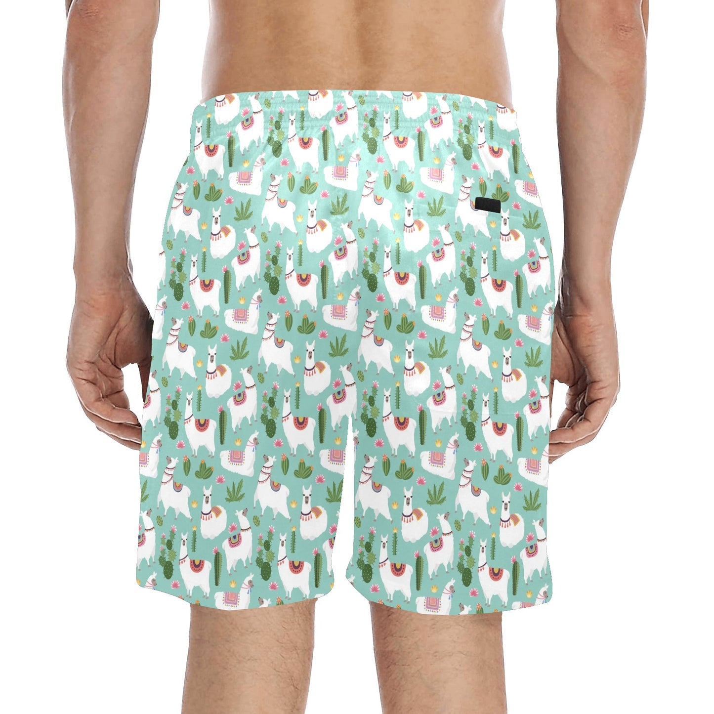 Llama with Cactus Themed Print Men's Swim Trunks Beach Shorts