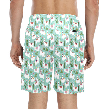 Llama with Cactus Themed Print Men's Swim Trunks Beach Shorts