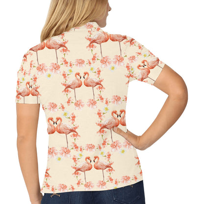 Flamingo Hibiscus Print Pattern Women's Polo Shirt