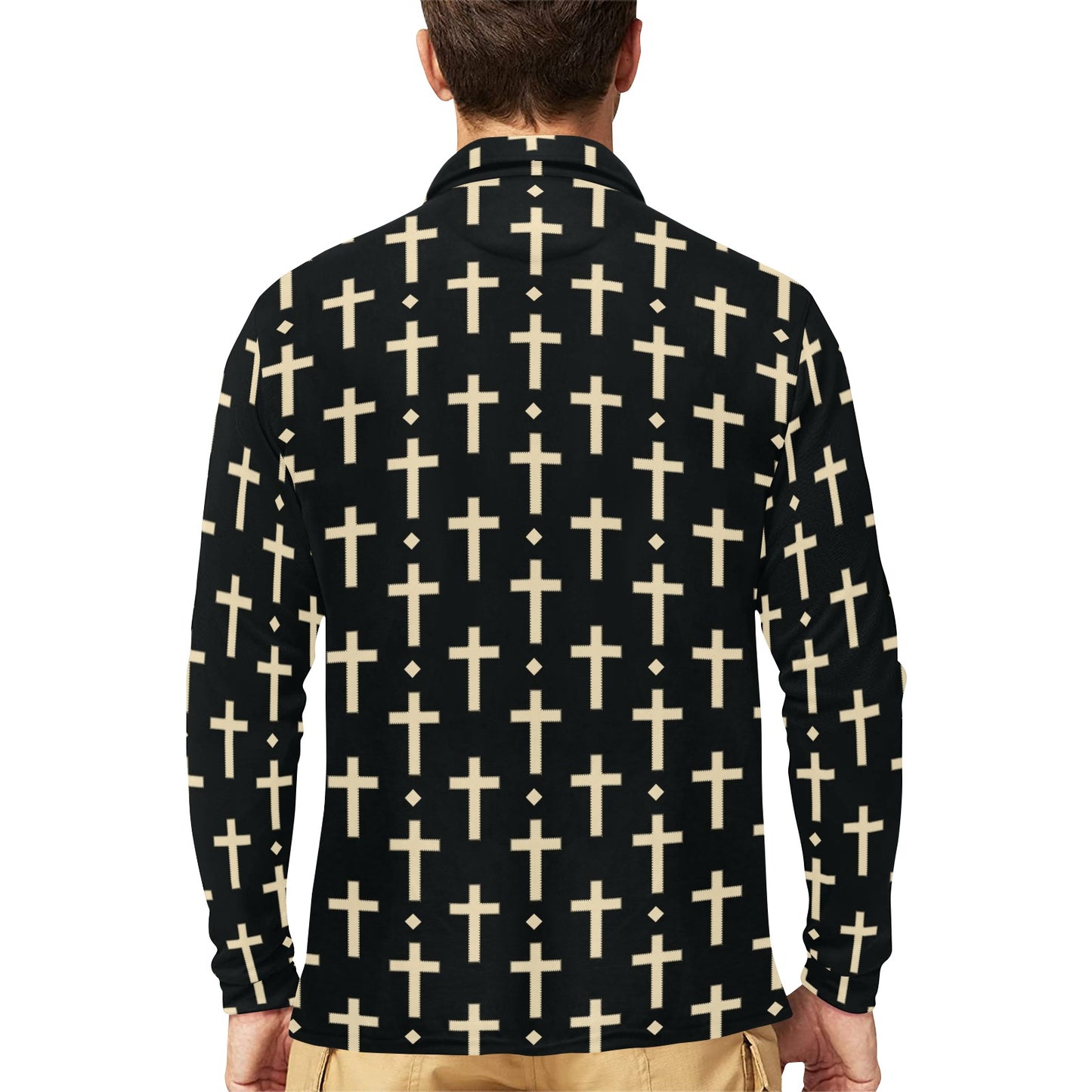 Cross Pattern Print Design 03 Long Sleeve Polo Shirt For Men's