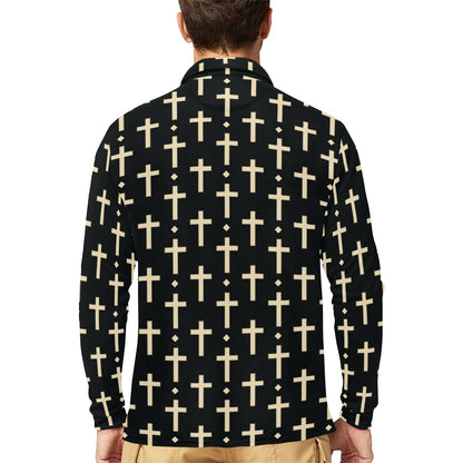 Cross Pattern Print Design 03 Long Sleeve Polo Shirt For Men's