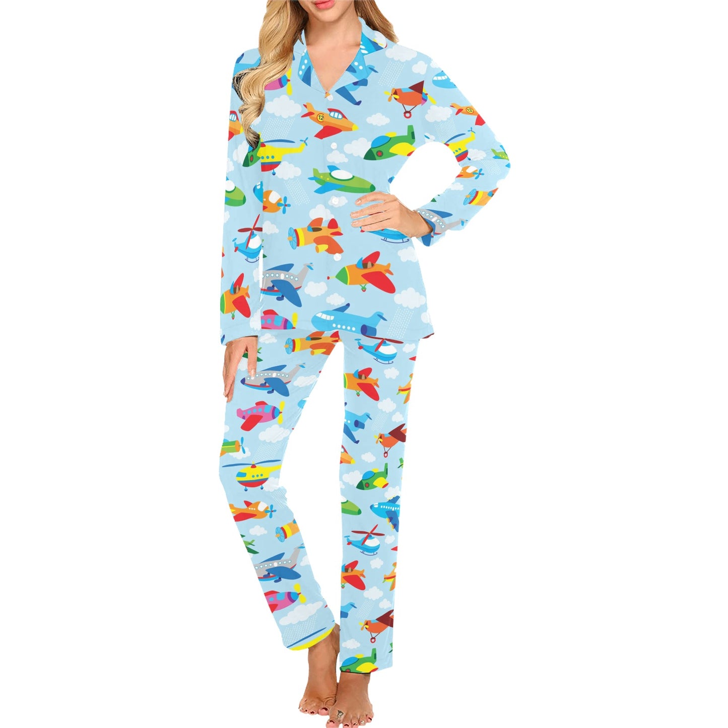 Airplane Colorful Pattern Print Design 01 Women's Long Pajama Set