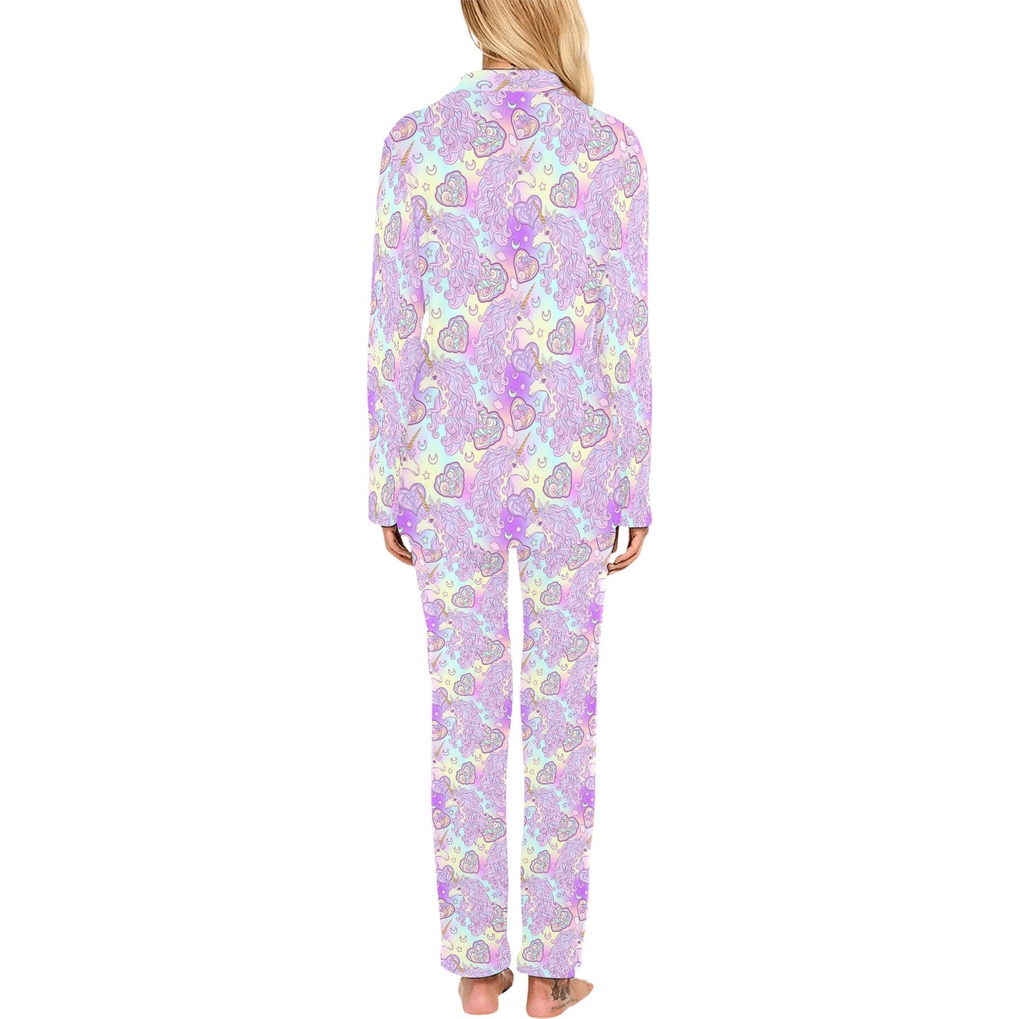 Unicorn Rainbow Star Heart Print Women's Long Pajama Set