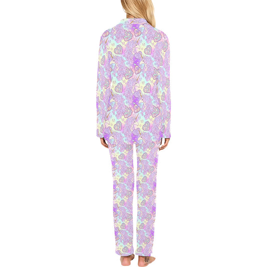 Unicorn Rainbow Star Heart Print Women's Long Pajama Set