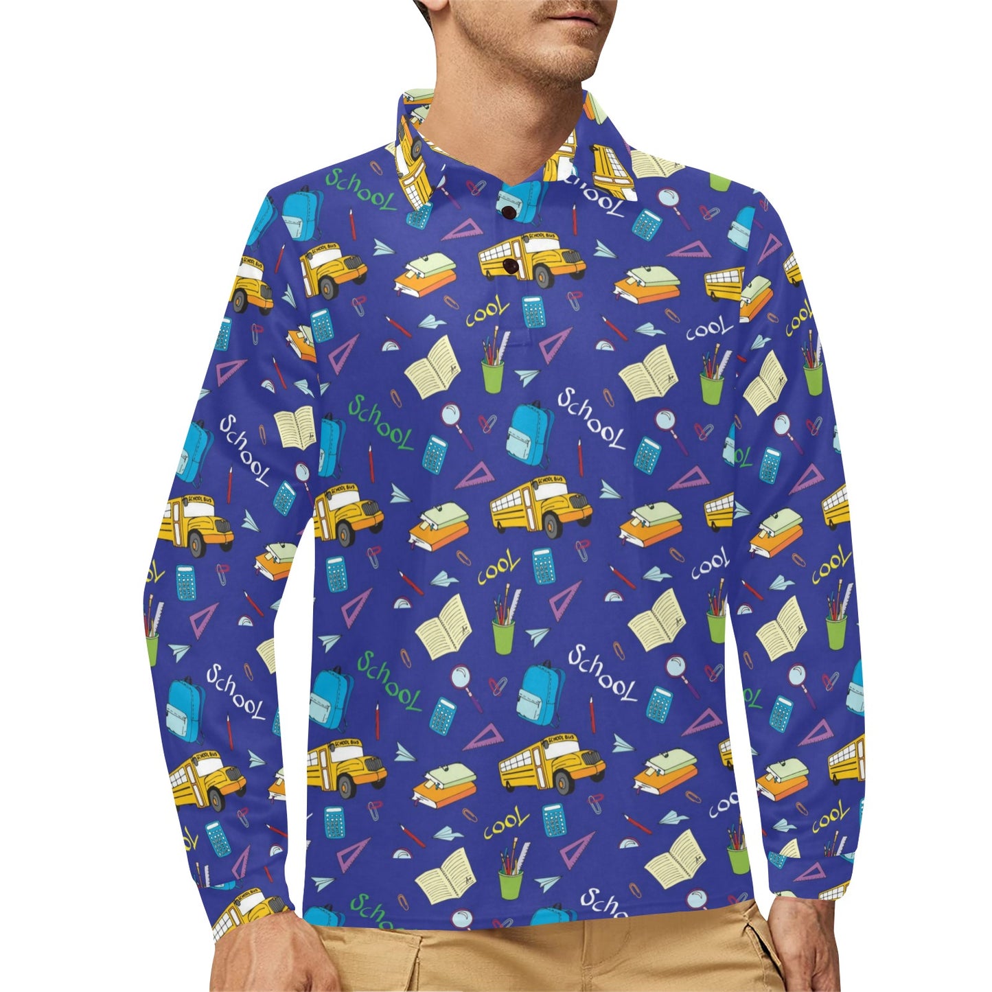School Bus Print Design LKS307 Long Sleeve Polo Shirt For Men's