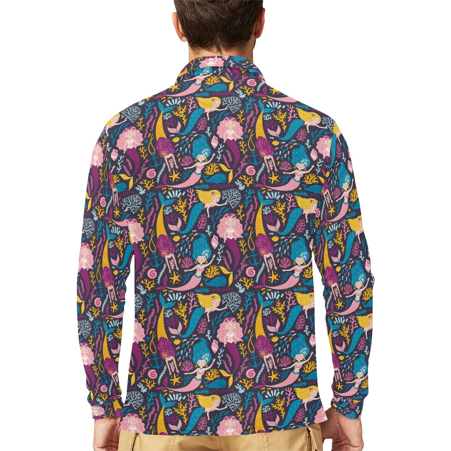 Mermaid Pattern Print Design 08 Long Sleeve Polo Shirt For Men's
