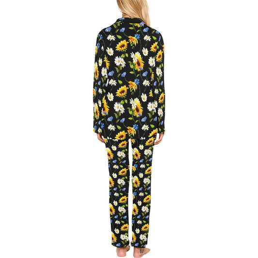 Sunflower Chamomile Bright Color Print Women's Long Pajama Set