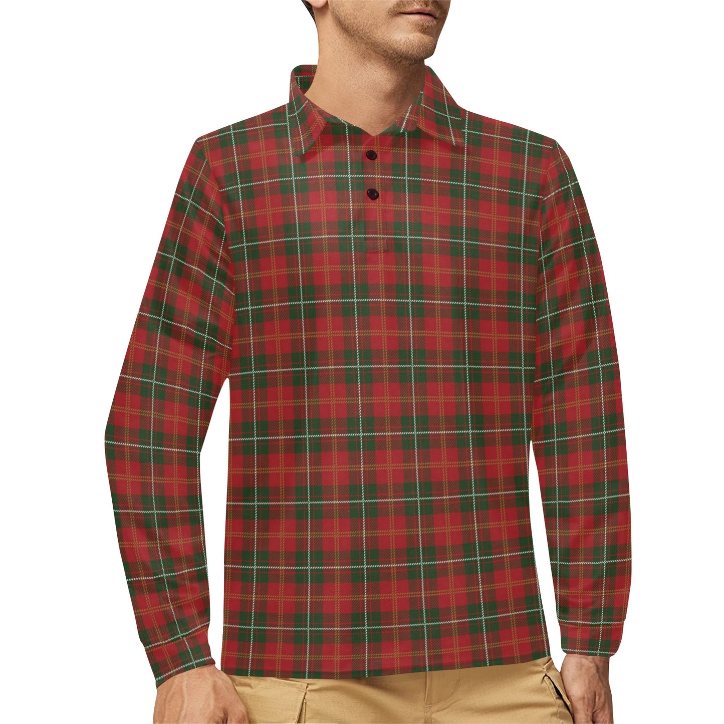 Holiday Tartan Plaid Pattern Long Sleeve Polo Shirt For Men's