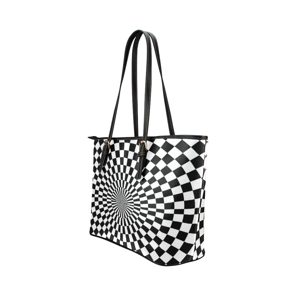 Checkered Flag Optical illusion Leather Tote Bag