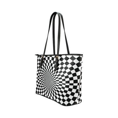Checkered Flag Optical illusion Leather Tote Bag