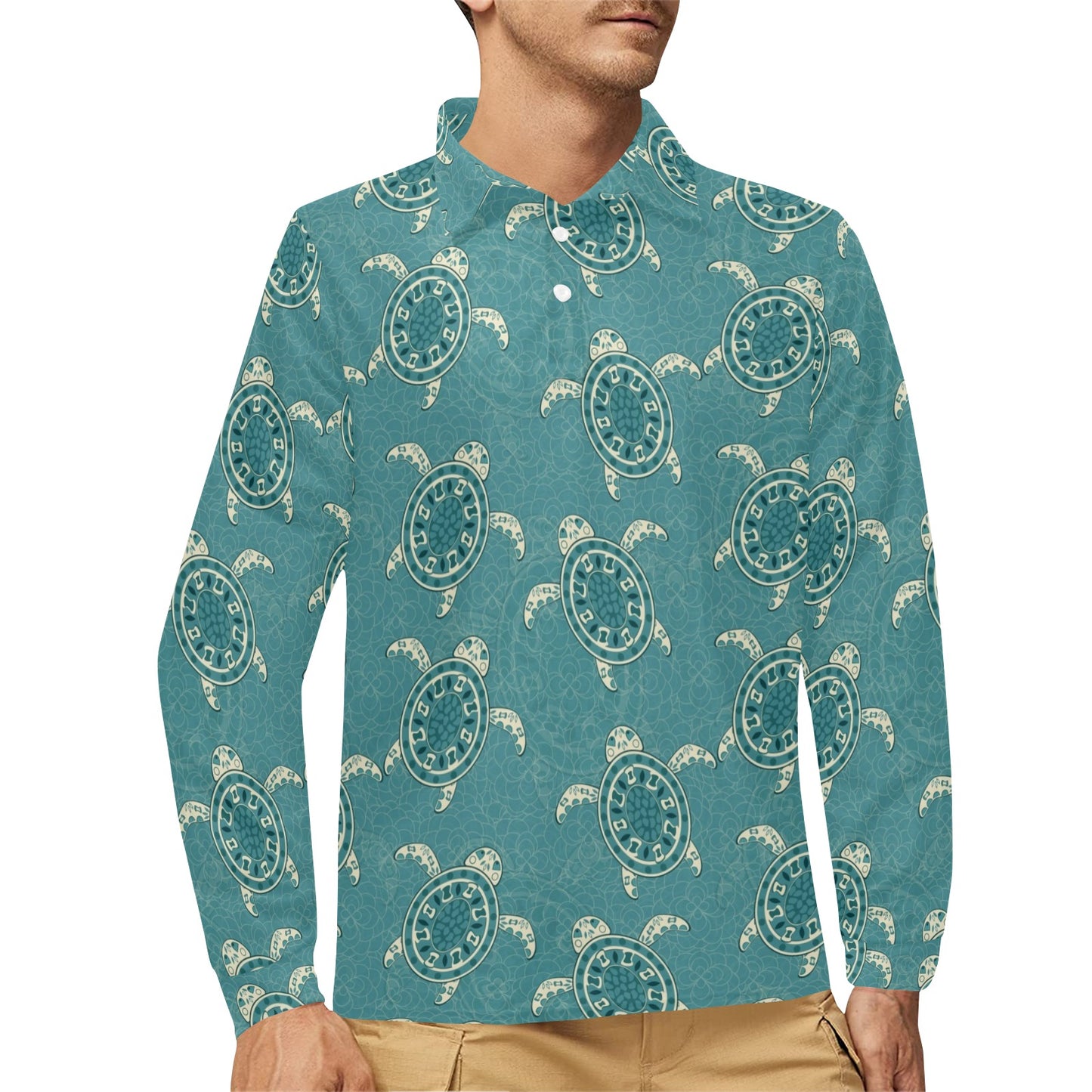 Sea Turtle Pattern Print Design T02 Long Sleeve Polo Shirt For Men's