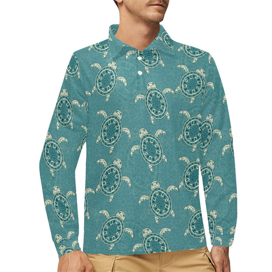 Sea Turtle Pattern Print Design T02 Long Sleeve Polo Shirt For Men's