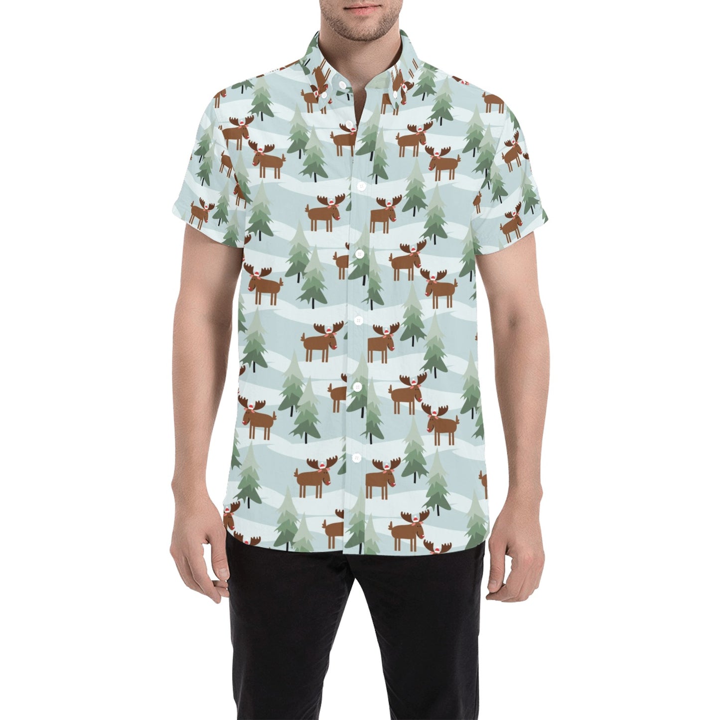 Moose Print Design LKS402 Men Short Sleeve Button Up Shirt