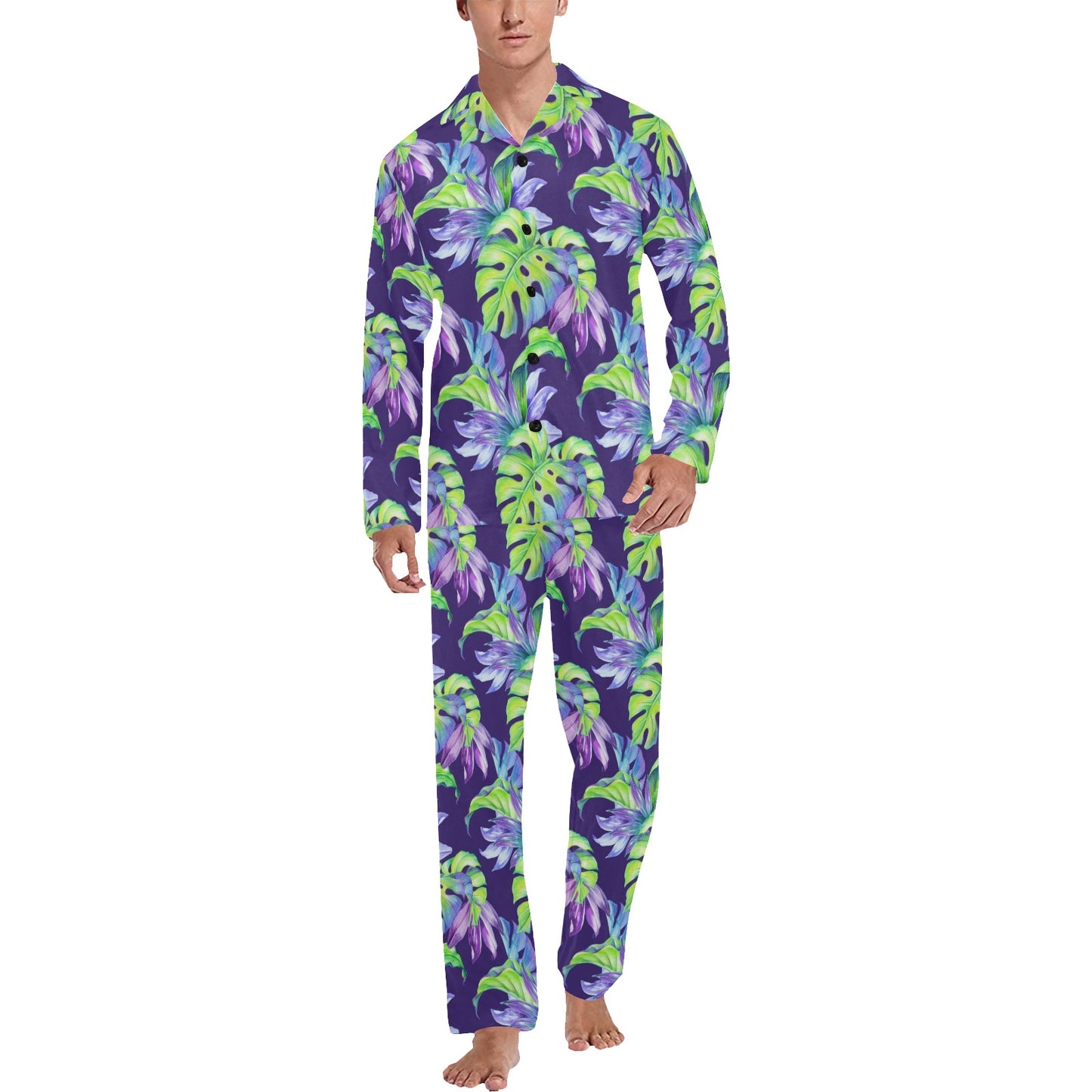 Tropical Flower Pattern Print Design TF019 Men's Long Pajama Set