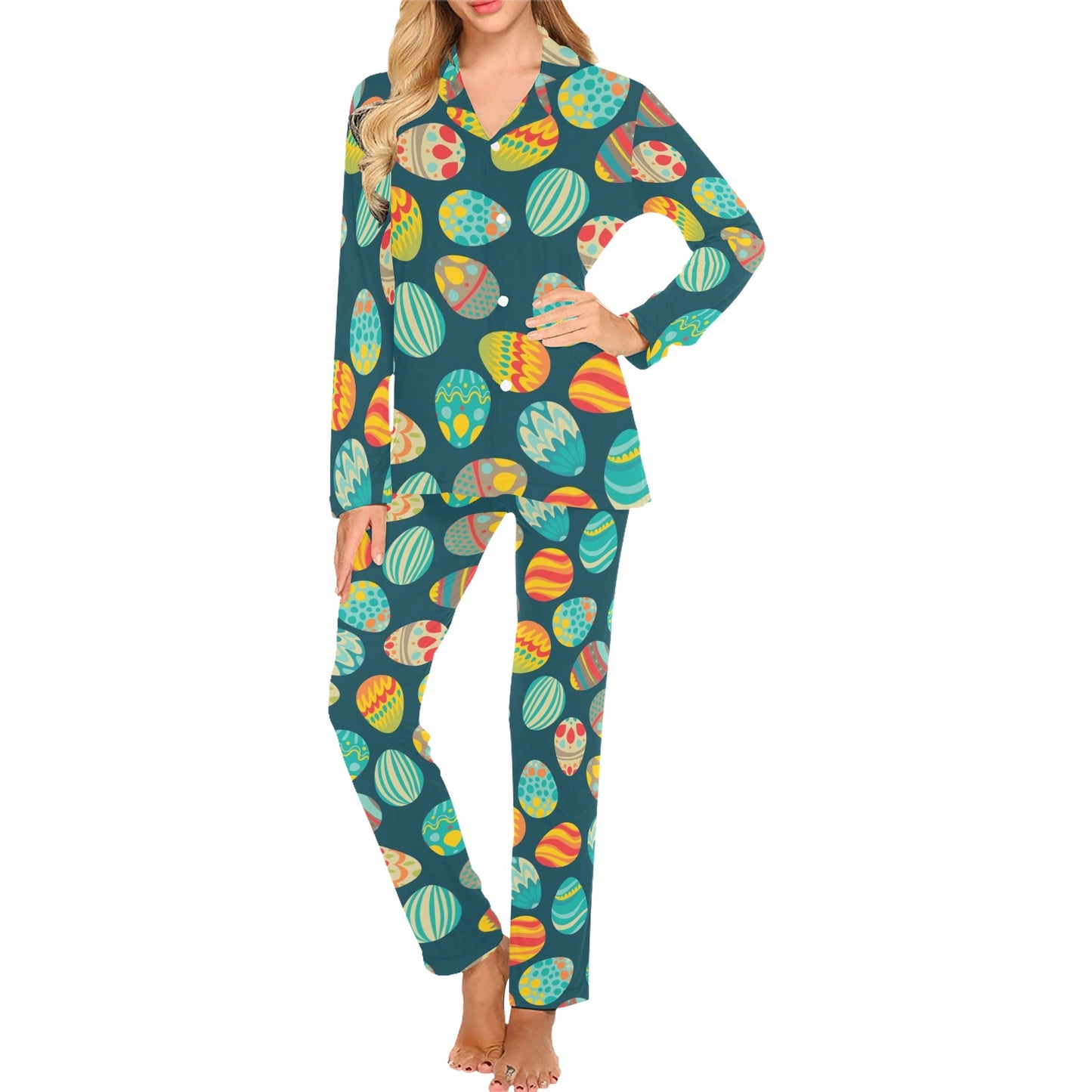 Easter Eggs Pattern Print Design RB09 Women's Long Pajama Set