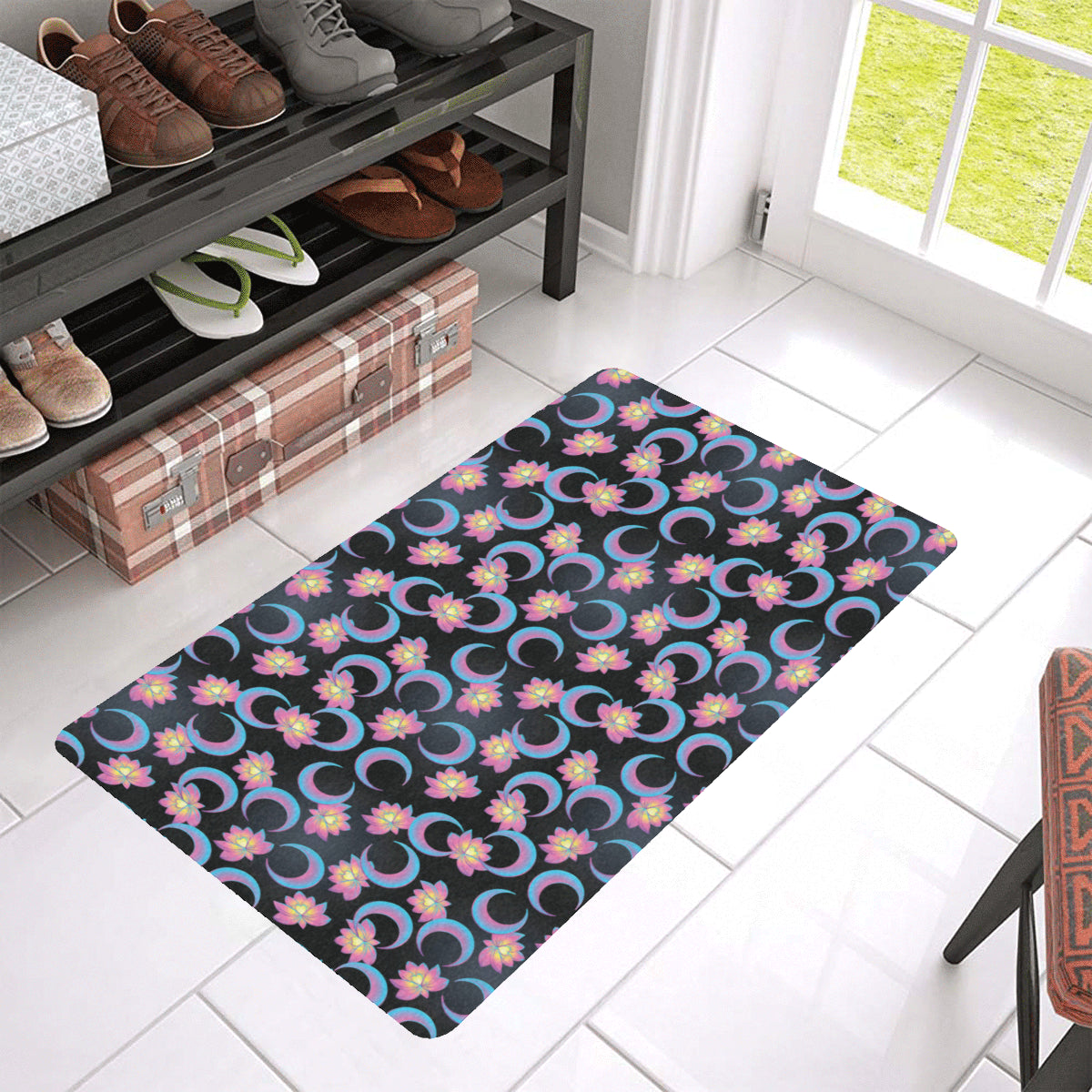Lotus with Moon Pink Print Themed Rubber Doormat