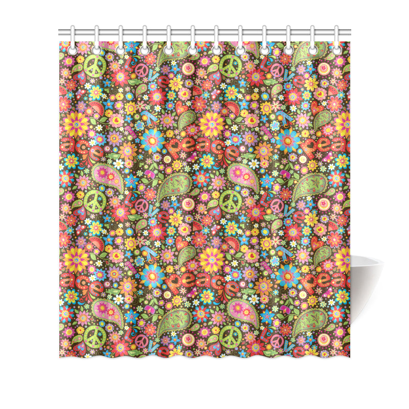 Flower Power Peace Paisley Themed Print Shower Curtain