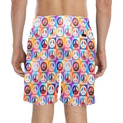 Peace Sign Patchwork Design Print Men's Swim Trunks Beach Shorts