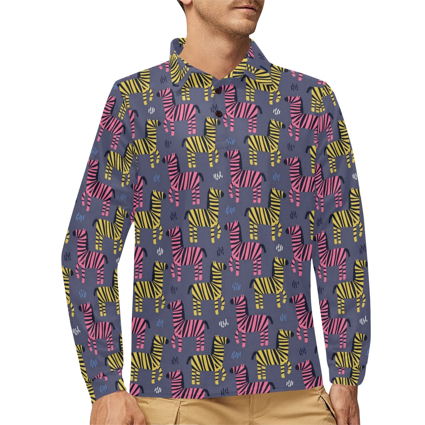 Zebra Print Design LKS303 Long Sleeve Polo Shirt For Men's