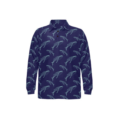 Blue Whale Print Design LKS402 Long Sleeve Polo Shirt For Men's
