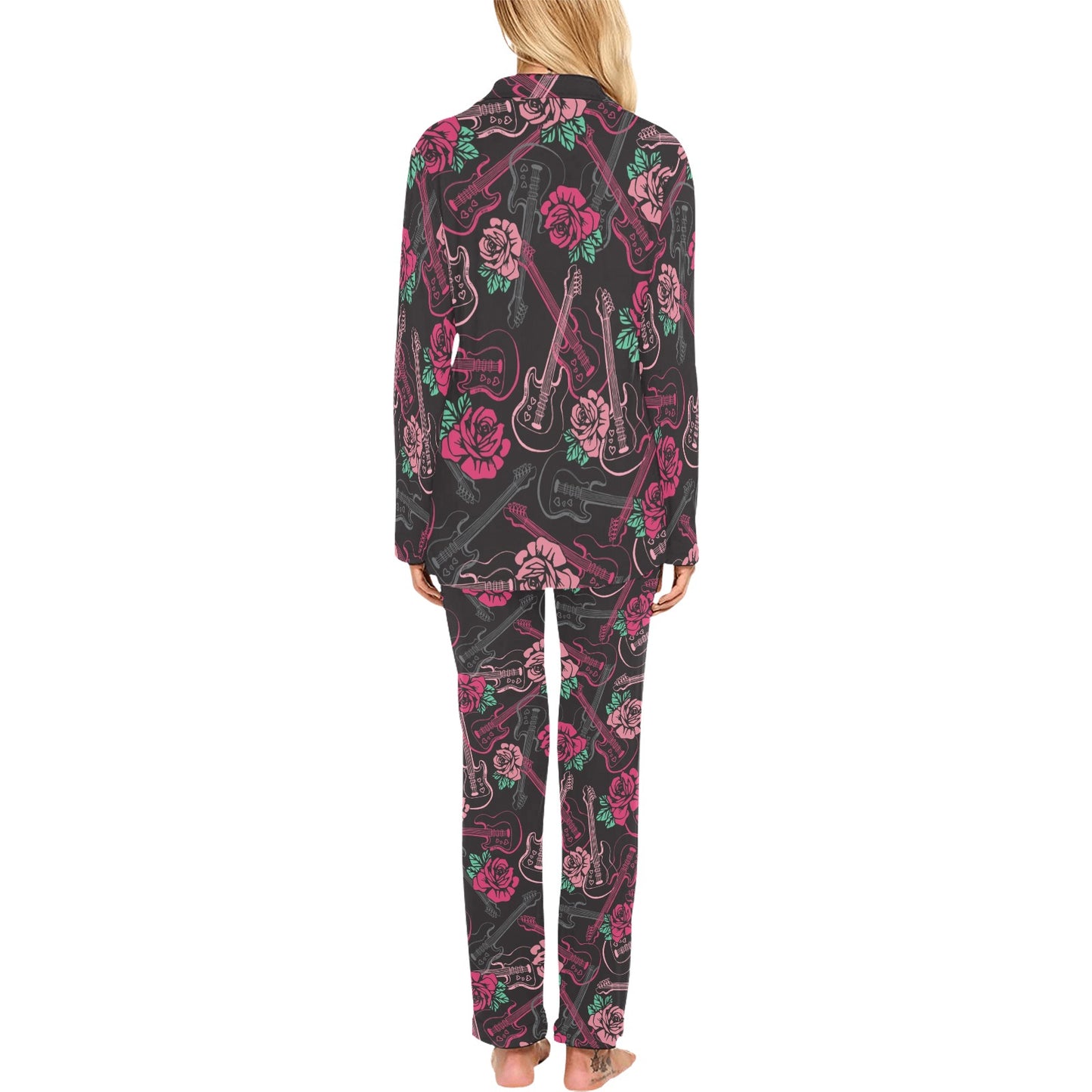 Bass Guitar Pink Rose Pattern Print Design 01 Women's Long Pajama Set