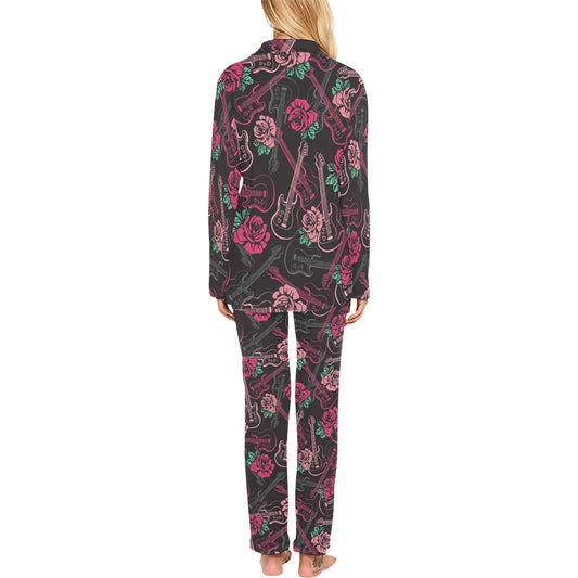 Bass Guitar Pink Rose Pattern Print Design 01 Women's Long Pajama Set