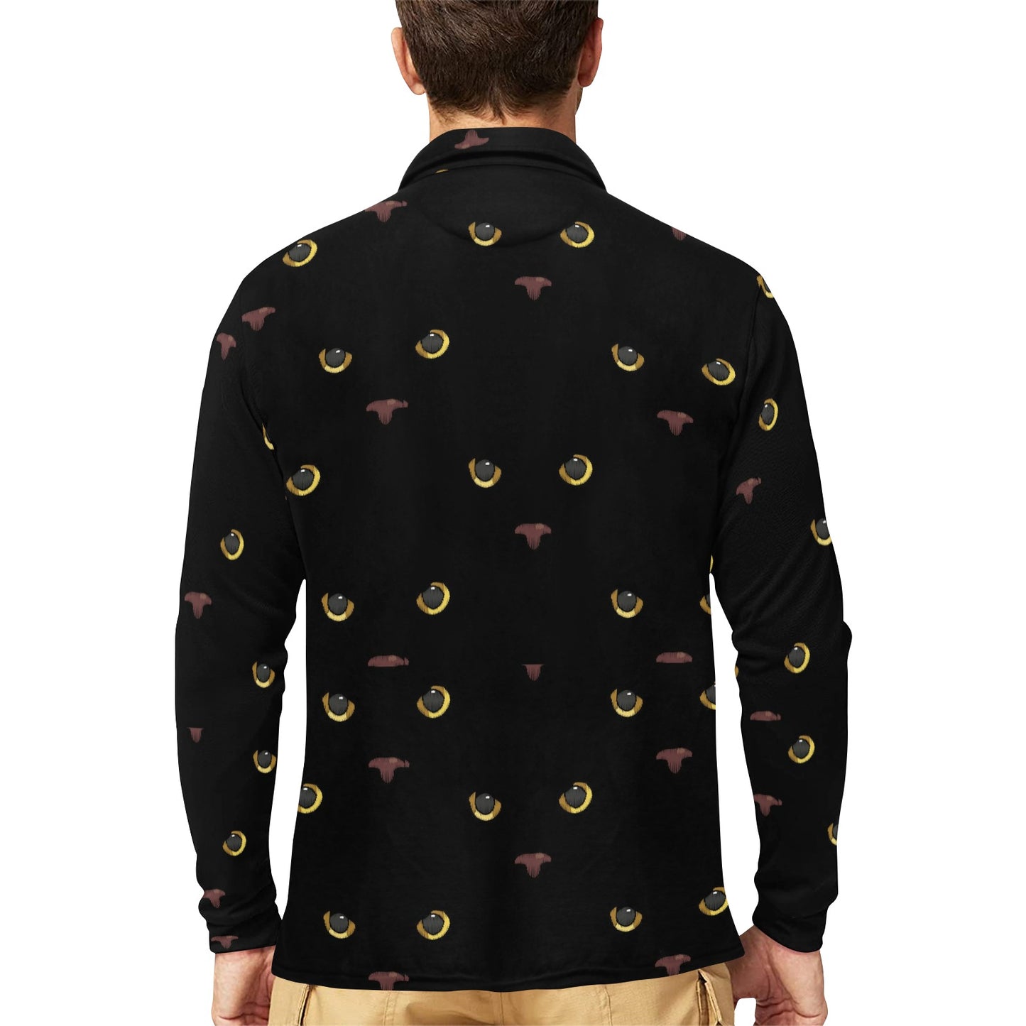 Black Cat Face Print Pattern Long Sleeve Polo Shirt For Men's