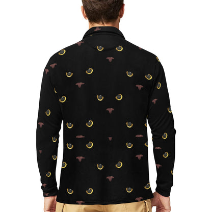 Black Cat Face Print Pattern Long Sleeve Polo Shirt For Men's