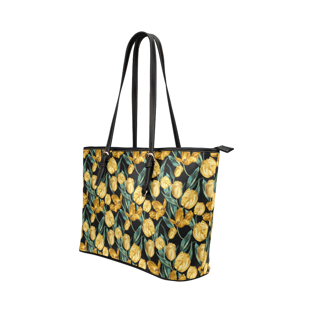 Elegant Yellow Tulip Print Leather Tote Bag