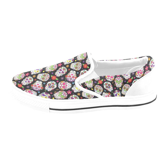 Sugar Skull Print Design LKS302 White Slip Ons Canvas Women's Shoes