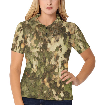 Camo Realistic Tree Texture Print Women's Polo Shirt