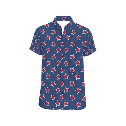 Star Red Blue Print Design LKS301 Men Short Sleeve Button Up Shirt