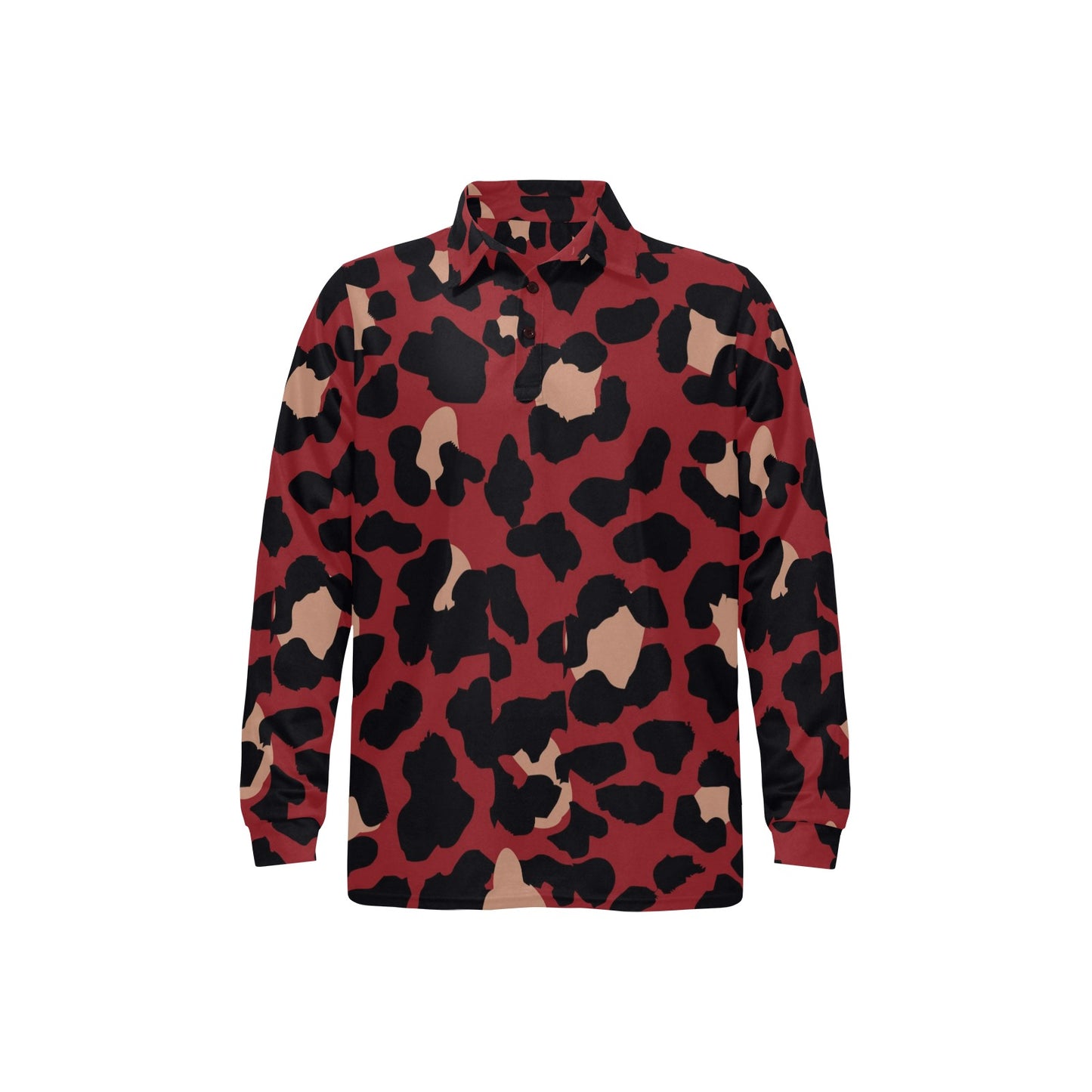 Cheetah Red Print Pattern Long Sleeve Polo Shirt For Men's