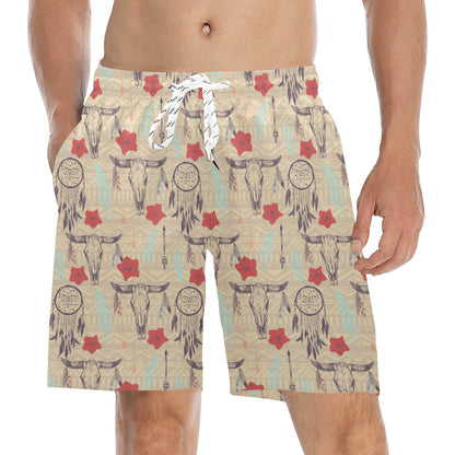 Native Buffalo Head Themed Design Print Men's Swim Trunks Beach Shorts