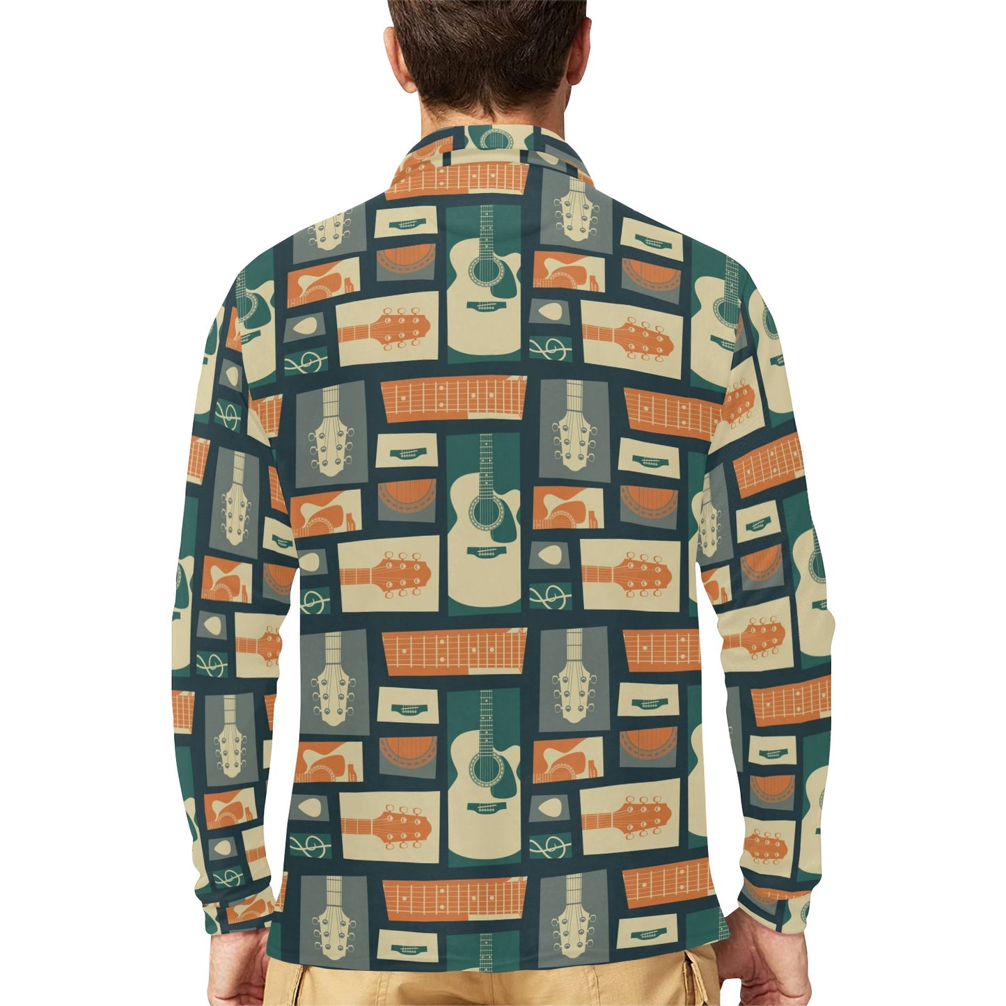 Acoustic Guitar Pattern Print Design 02 Long Sleeve Polo Shirt For Men's